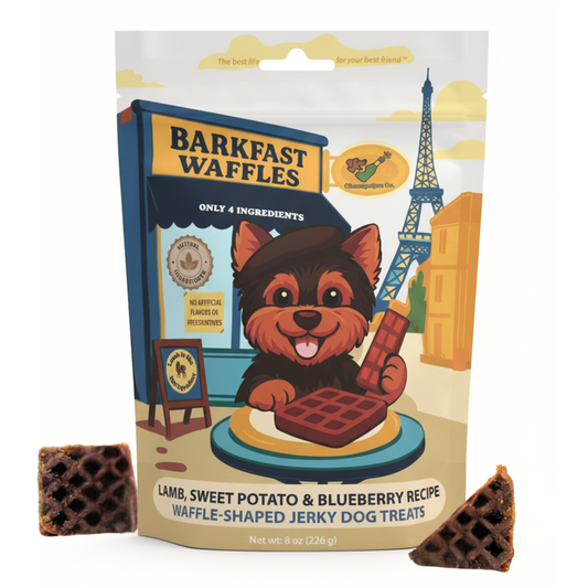 Barkfast Waffles - Soft Dog Jerky with Lamb, Sweet Potato, and Blueberry. All-Natural, Limited Ingredient Treats