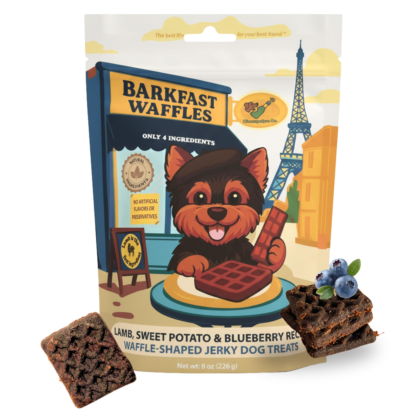 Barkfast Waffles - Soft Dog Jerky with Lamb, Sweet Potato, and Blueberry. All-Natural, Limited Ingredient Treats